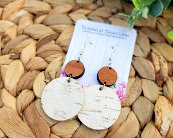 Genuine Leather and cork Earrings, Round Earring, Leather Earrings, dangling, Mother's day, galantines day, Real leather, White Cork