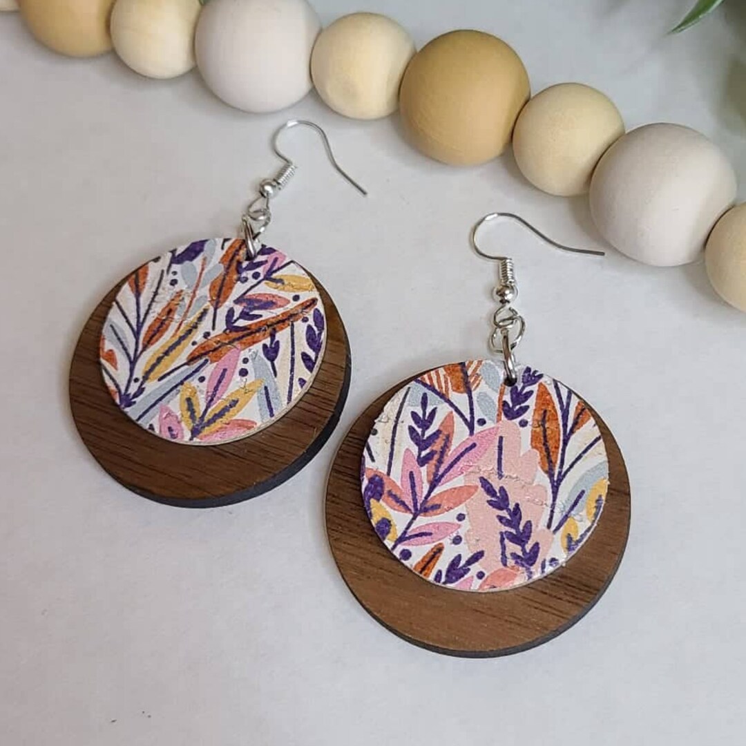 Genuine Leather, Cork and Wood Earring, Wood Circle Earrings, Statement