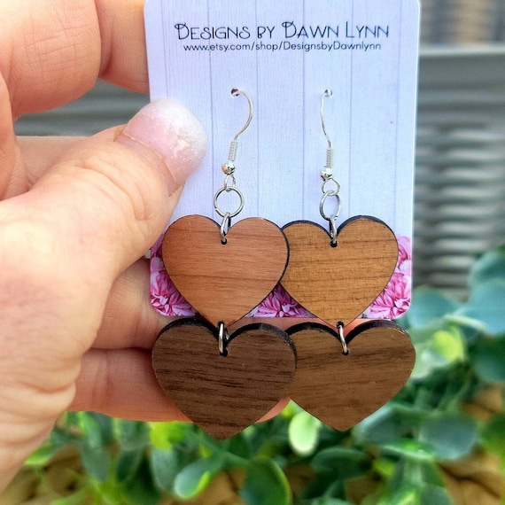 Cherry and Walnut Double Heart Earrings, Heart Earrings, Mother's