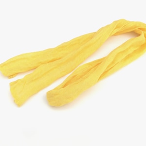 skinny yellow gauze linen scarf, narrow lightweight neck, hair, head accessory