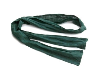 skinny dark green linen scarf for women and men, short narrow neck wrap, hair scarf, necktie