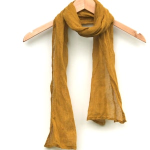 small short mustard yellow gauze linen scarf for men and women 10&quot; x 59&quot; / 26 x150 cm
