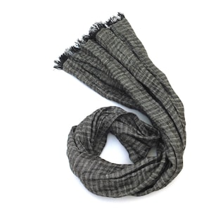 Small Striped Linen Scarf: Black Gray Lightweight Baltic Linen (9.4&quot;x57.4&quot;)