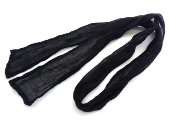 skinny black gauze linen scarf for men and women, lightweight neck tie, head, hair band