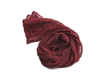 Bufanda pequeña de lino rojo oscuro: Gasa ligera para el cuello, el cabello y la cabeza.