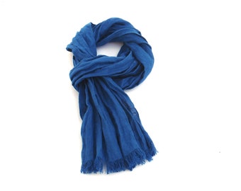 small short bright blue linen scarf for men and women