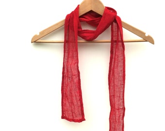 skinny red gauze linen scarf, lightweight thin hair, neck, head wrap tie, 10×138cm / 4"×54.3"