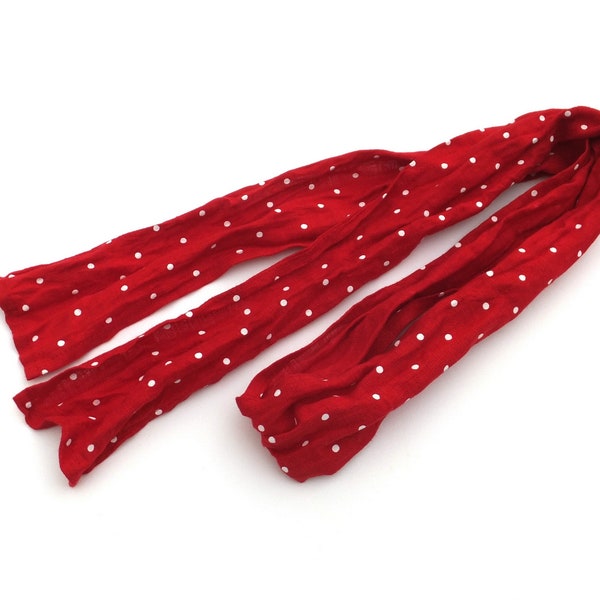 skinny red white polka dot linen scarf 4"x59" / 10x150 cm, tiny neck, head, hair wrap tie