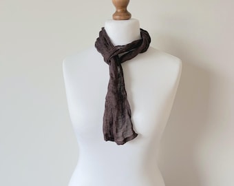 Dark Brown Linen Skinny Scarf: Lightweight Thin Neck or Head Tie for Men and Women