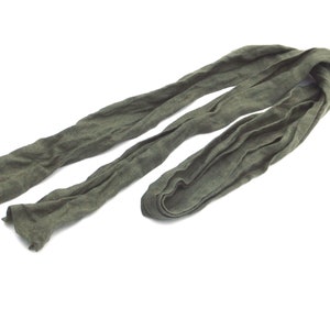 skinny dark khaki green linen scarf, neck head hair wrap tie band