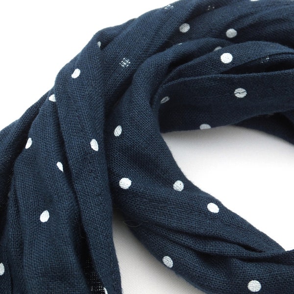 skinny dark blue polka dot linen scarf 4"x58.2" /10x148cm