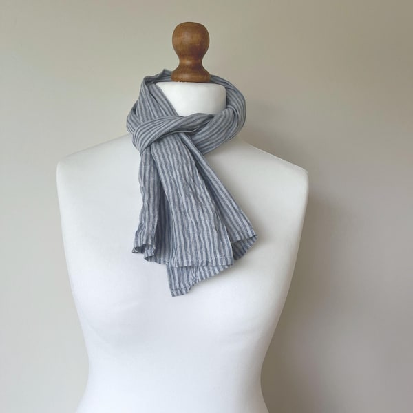 Blue and Grey Vertical Striped Small Linen Scarf:  Short, Narrow Neck Accessory