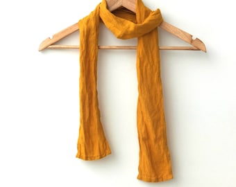 Skinny Mustard Yellow Linen Scarf: Thin Neck, Head, Hair Wrap