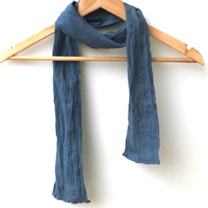 skinny denim blue linen scarf for men and women, narrow neck wrap accessory