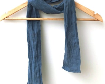 skinny denim blue linen scarf for men and women, narrow neck wrap accessory