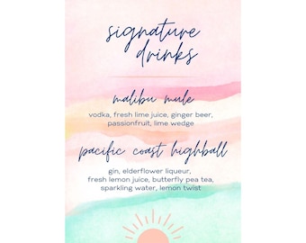 Insegna per cocktail di nozze sulla spiaggia di Malibu: menù di bevande personalizzato (download digitale)