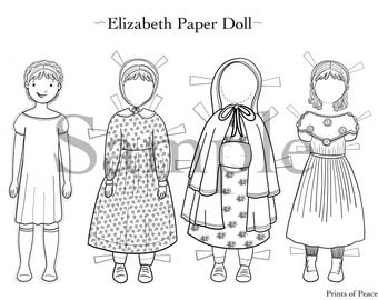 Elizabeth Printable Paper Doll - Color Me - Instant Download - dress up, little girls, quiet play, colorable, coloring page, paperdoll