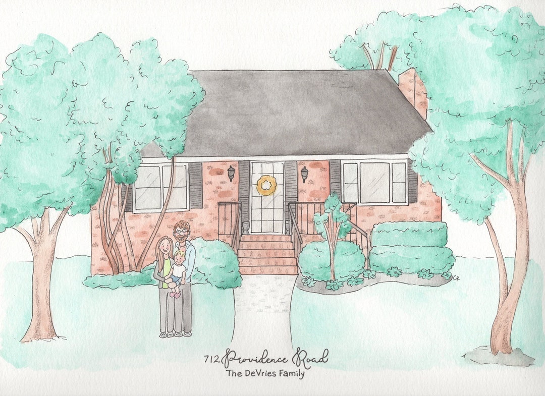 Custom Watercolor Home Portrait WITH FAMILY - Hand Painted Made to ...