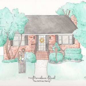 Custom Watercolor Home Portrait WITH FAMILY - Hand Painted Made to Order Art - Housewarming Gift