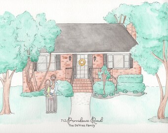 Custom Watercolor Home Portrait WITH FAMILY - Hand Painted Made to Order Art - Housewarming Gift