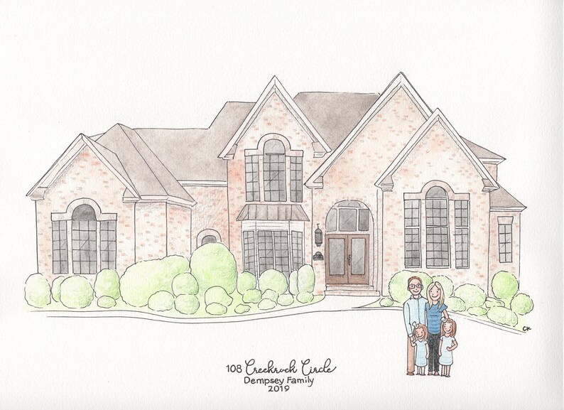 Custom Watercolor Home Portrait WITH FAMILY Hand Painted Made to Order Art Housewarming Gift image 3