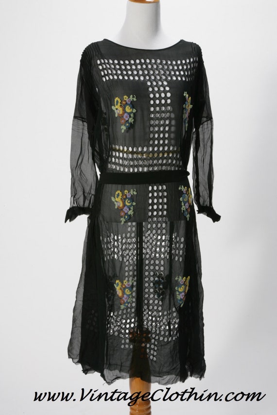 1920's Flapper Dress Black Chiffon Cutout Details