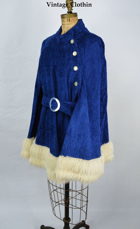 1960s Blue Cape with Fur Hem Trim, Cape, Caplet, 1