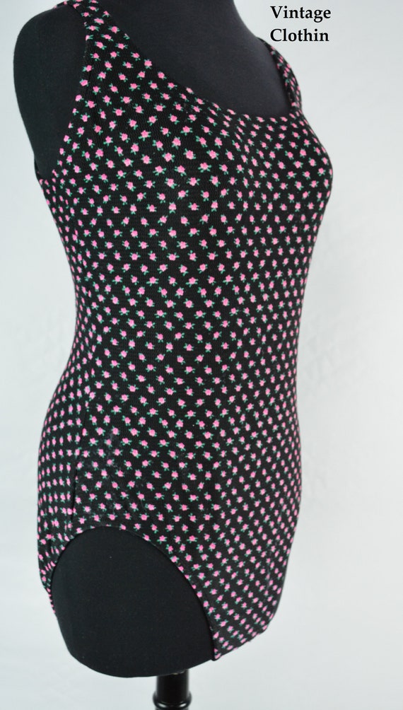 C1980's Black and Pink Roses Swimsuit, One Piece B