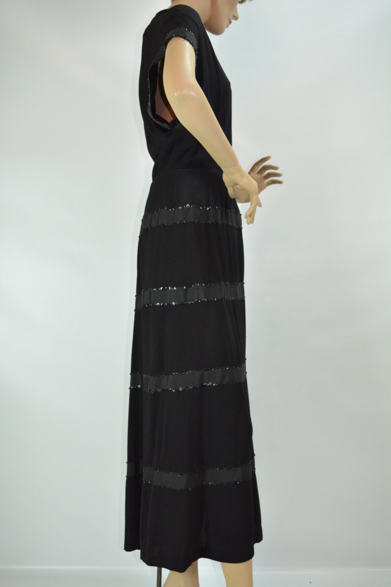 1940s Black Crepe Gown with Sequin Sleeves