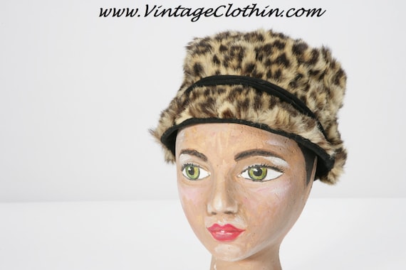 1960s Faux Fur Mod Leopard Print Jockey Hat, Mod H
