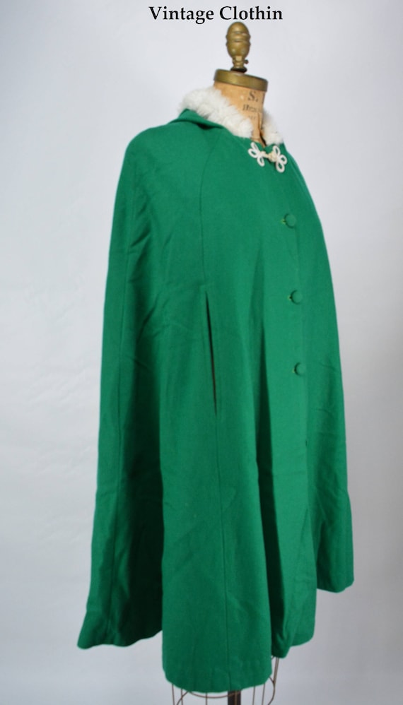 1960s Green Wool Cape with Hood and Fur Trim, Wool
