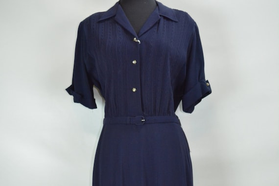 1940s Kay Harper Classics Navy Embroidered Dress w