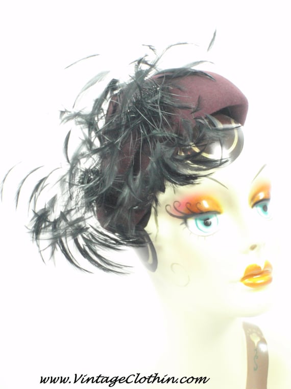 1940s Felt Cocktail Hat with Feathers, 1940s Hat,