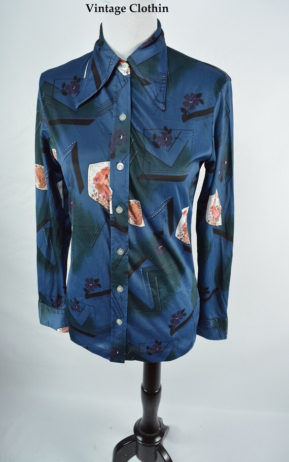 size XS-M Vintage 1970s novelty print blouse Oxford shirt