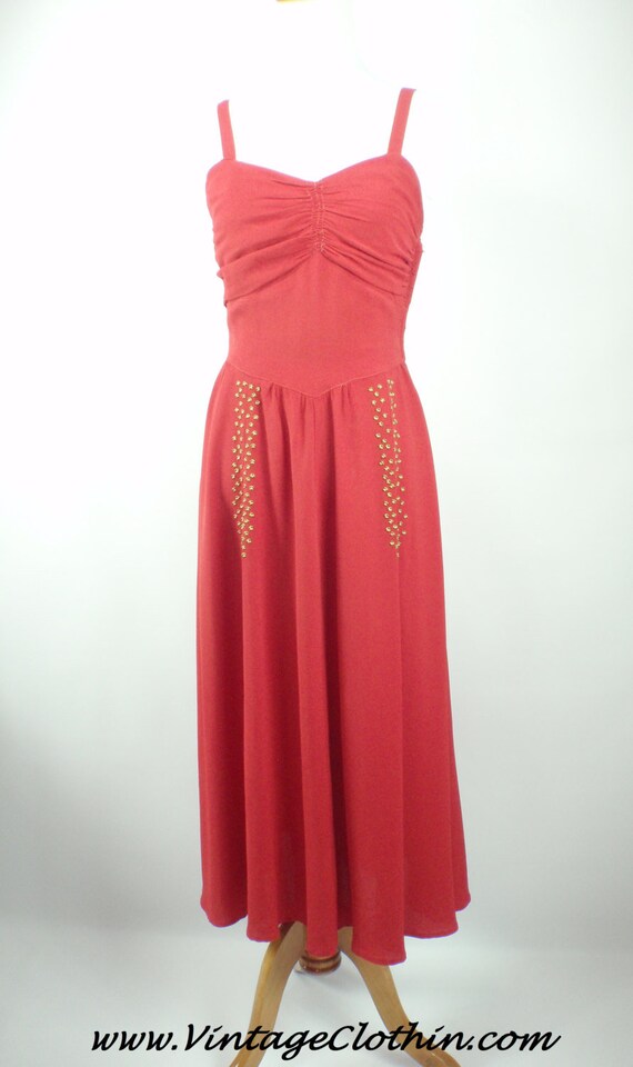 Rare 1940s Red Crepe Dress with Brass Studs and Ma