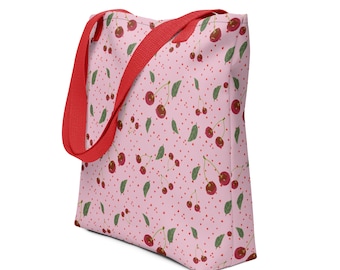 Pink Cherry Design Tote Bag: Hand-Drawn Summer Beach Bag