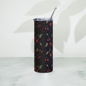 Black Cherrys Design Edelstahlbecher, Geschenk für sie, heiße oder kalte Getränke