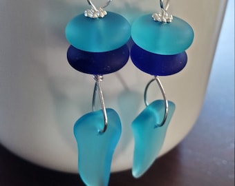 Blue sea glass earrings jewelry, TURQUOISE, COBALT beach glass earrings, long dangle sea glass earrings, Bridesmaid earrings, 2" Dangles