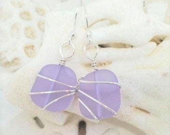 Purple Sea glass earrings jewelry, Petite Periwinkle Purple beach glass earrings, Silver wrapped Sea glass 1" earrings, Handmade in USA