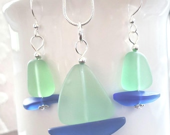 Sailboat Necklace Earrings, Sea glass jewelry Set, GREEN, COBALT Blue Nautical Beach Glass Necklace Earrings, Sea Glass Pendant Earrings