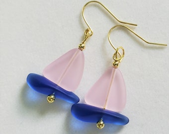 Sailboat Earrings, Sea Glass Gold jewelry, PINK, Cobalt Blue beach glass earrings, Handmade Sea glass gold plated earrings