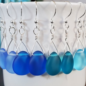 Pick Your Color Ocean Blues Teardrop sea glass earrings, Seaglass 1.25" dangle earrings Bridesmaid gift, Dainty beach glass jewelry earrings