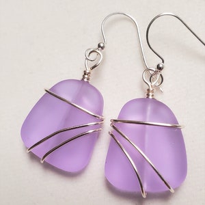 Large Soft Periwinkle sea glass earrings jewelry, beach glass earrings, Silver wrapped sea glass 1.2&quot; drop dangle earrings, Bridesmaid gift