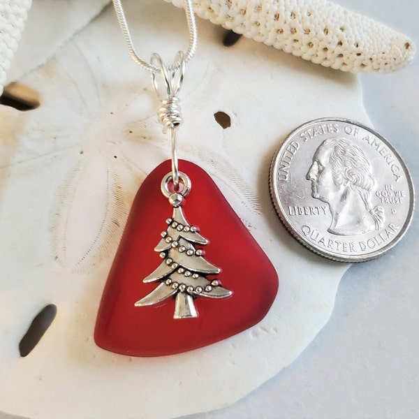 Holiday Red sea glass necklace jewelry, Red beach glass Christmas Tree charm pendant, Christmas Tree sea glass pendant + 18" chain