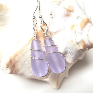 Periwinkle Purple sea glass teardrop earrings, Teardrop double wrapped beach glass, Bridesmaid gift,  dangle Soft Lilac sea glass earrings