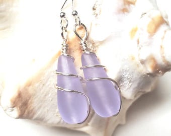 Periwinkle Purple sea glass teardrop earrings, Teardrop double wrapped beach glass, Bridesmaid gift,  dangle Soft Lilac sea glass earrings