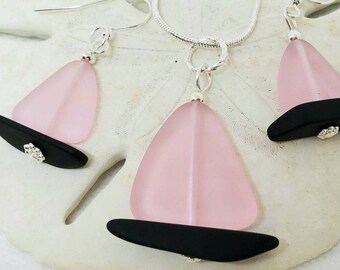 Sailboat Necklace, Earrings Sea glass jewelry, PINK Nautical Beach Glass Necklace, Sea Glass Pendant Earrings| Breast Cancer Awareness