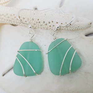 Large Opaque Seafoam sea glass earrings, Aqua beach glass earrings, Handmade silver wrapped sea glass earrings,  Bridesmaid gift earrings