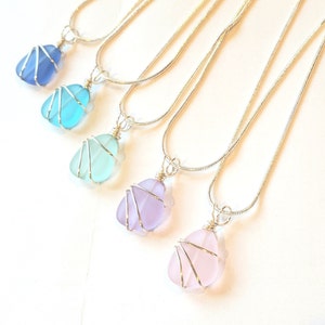Petite sea glass pendant necklace, Pick-Your-Color Flower Girl jewelry gift, Youth small silver wrapped sea glass pendant + chain
