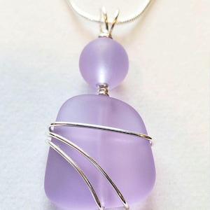 Periwinkle Purple sea glass, silver hand-wrapped necklace pendant, Lavender sea glass silver pendant + chain